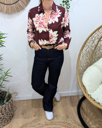 Chemisier femme bordeaux fleurs écrues Ophéa