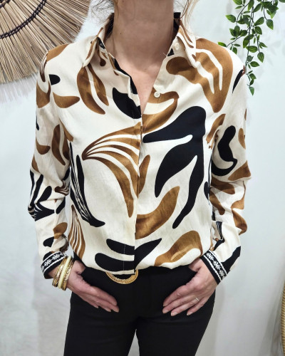 Chemisier femme beige motifs camels et noirs Josephina
