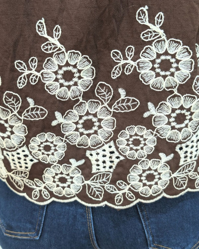 Chemisier femme marron broderies fleuries beiges Soliane