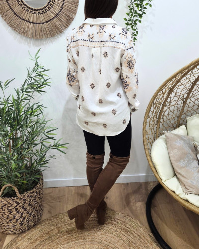 Chemisier femme écru broderies marines et beiges Inaya