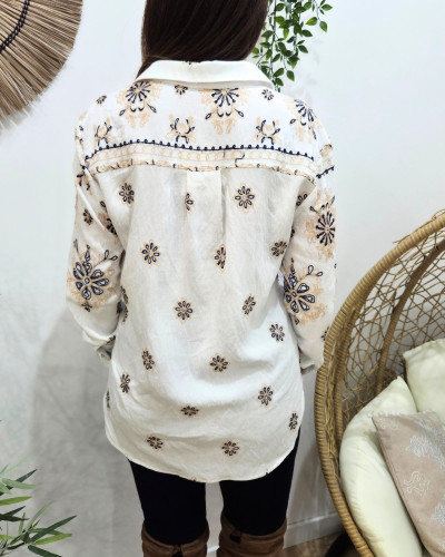 Chemisier femme écru broderies marines et beiges Inaya