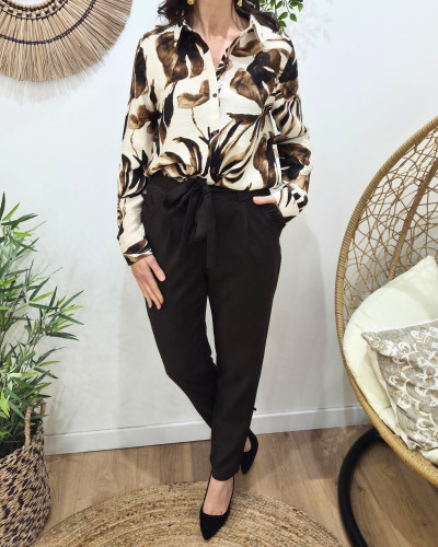 Chemisier femme beige motifs fleuris marrons Faëline