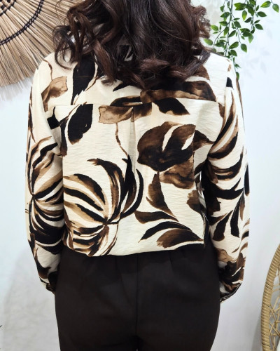 Chemisier femme beige motifs fleuris marrons Faëline