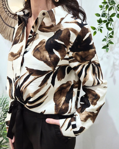 Chemisier femme beige motifs fleuris marrons Faëline