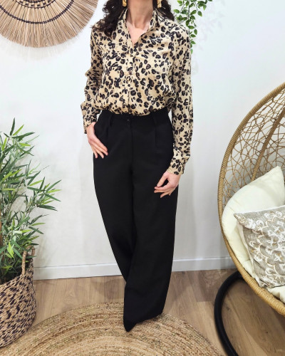 Chemisier femme taupe et noir léopard paillettes dorées