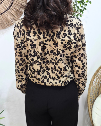 Chemisier femme taupe et noir léopard paillettes dorées