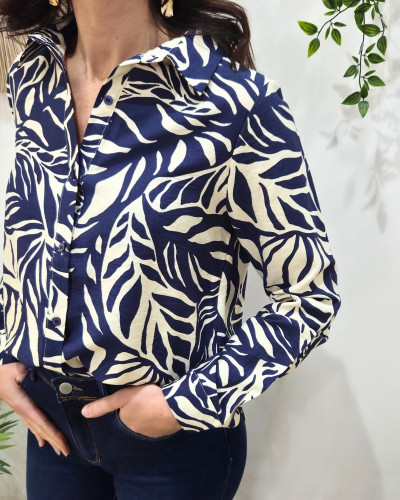 Chemisier femme marine et beige feuillages Norina