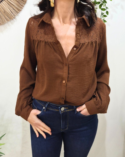 Chemisier femme marron poitrine dentelle Olwen