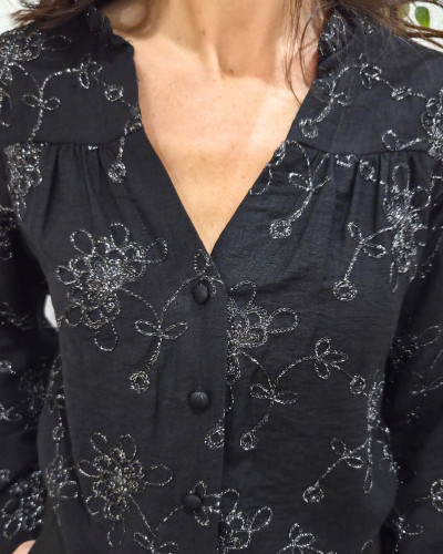 Chemisier brodé femme noir et argenté Izaline