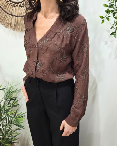 Chemisier brodé femme marron et argenté Izaline