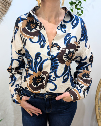 Chemisier femme beige motifs fleuris marrons et bleus Jeannie