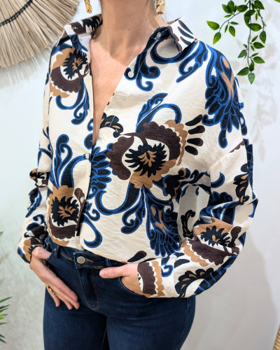 Chemisier femme beige motifs fleuris marrons et bleus Jeannie