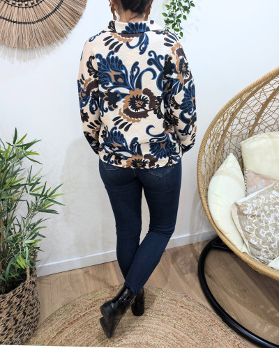 Chemisier femme beige motifs fleuris marrons et bleus Jeannie