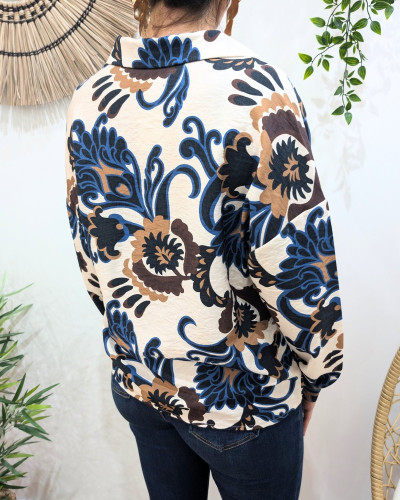 Chemisier femme beige motifs fleuris marrons et bleus Jeannie