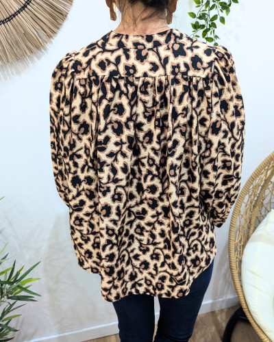 Chemisier femme noir motifs fleuris beiges et camels Isabelle