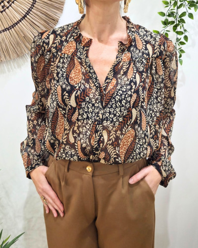 Chemisier femme noir feuillages beiges et terracottas Calla
