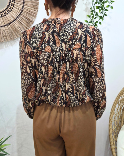 Chemisier femme noir feuillages beiges et terracottas Calla