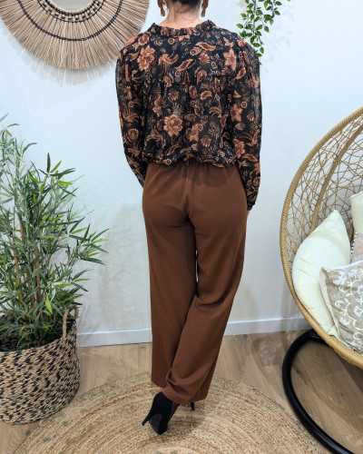 Chemisier femme noir fleurs terracottas Jasmina