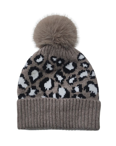 Bonnet femme taupe pailleté léopard noir et blanc à pompon