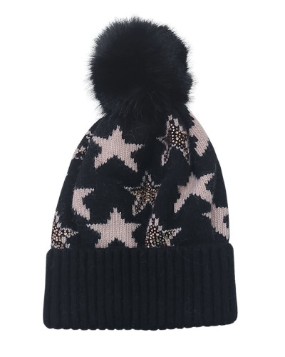 Bonnet femme noir étoiles roses et strass à pompon