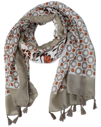 Echarpe taupe orange et blanche motifs fleuris et géométriques à pompons