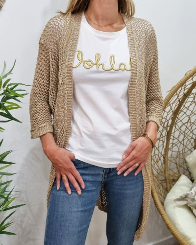 Gilet long crochet beige doré dos étoile
