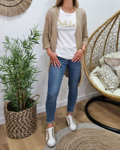 Gilet long crochet beige doré dos étoile
