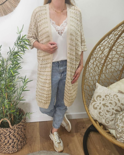 Gilet femme beige doré maille ajourée rayée