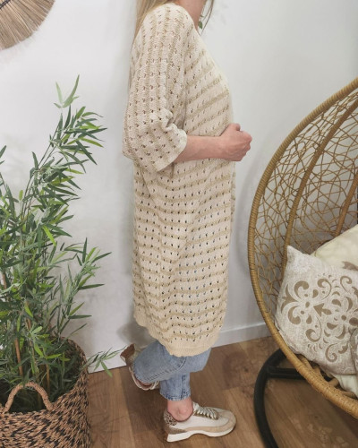 Gilet femme beige doré maille ajourée rayée