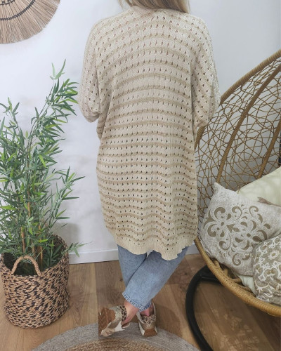 Gilet femme beige doré maille ajourée rayée