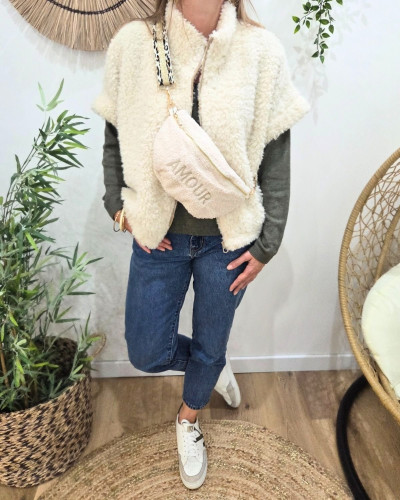 Sac banane femme moumoute broderie AMOUR sangle léopard dorée