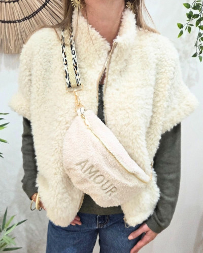 Sac banane femme moumoute broderie AMOUR sangle léopard dorée