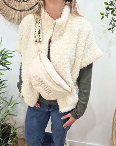 Sac banane femme moumoute broderie AMOUR sangle léopard dorée