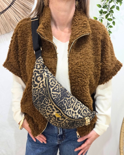 Sac banane femme léopard taupe et noir coeur brodé doré