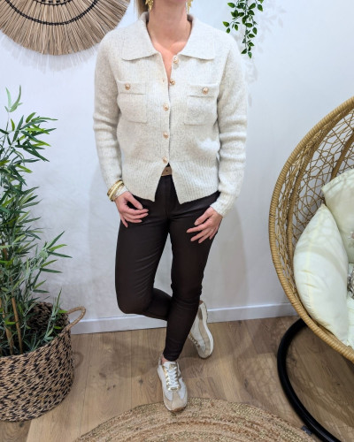 Gilet femme beige chiné boutons dorés Cora