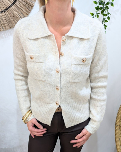 Gilet femme beige chiné boutons dorés Cora