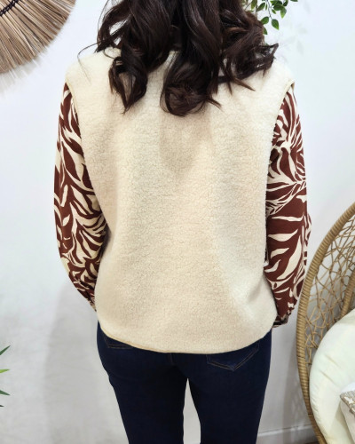 Gilet femme sans manche bouclettes beige Alya