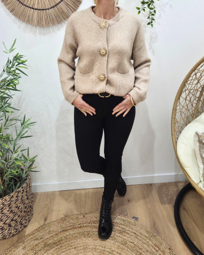 Gilet femme camel boutons soleil doré