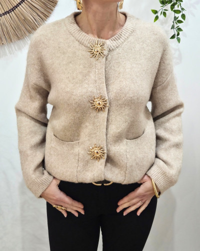Gilet femme camel boutons soleil doré