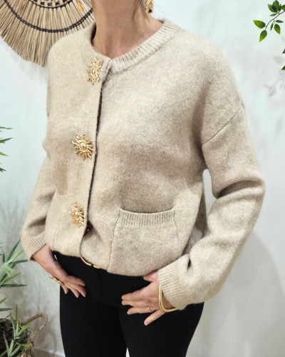 Gilet femme camel boutons soleil doré