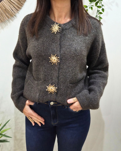 Gilet femme camel boutons soleil doré