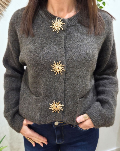 Gilet femme camel boutons soleil doré