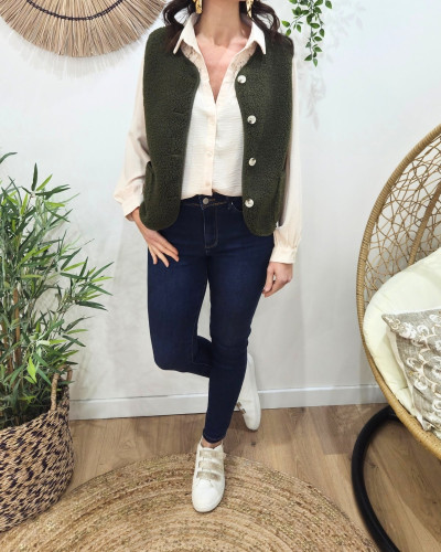 Gilet femme sans manche bouclettes kaki Alya
