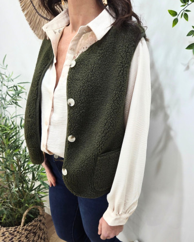 Gilet femme sans manche bouclettes kaki Alya