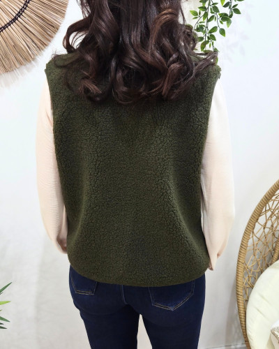 Gilet femme sans manche bouclettes kaki Alya