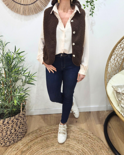 Gilet femme sans manche bouclettes marron choco Alya