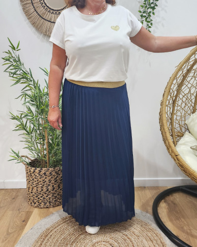 Jupe femme longue plissée grande taille élastique doré pailleté