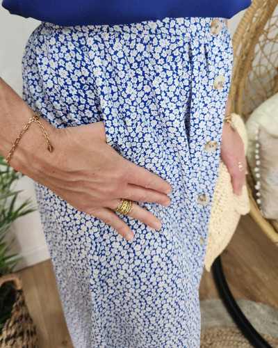Jupe femme mi-longue boutonnée bleu roi petites fleurs blanches
