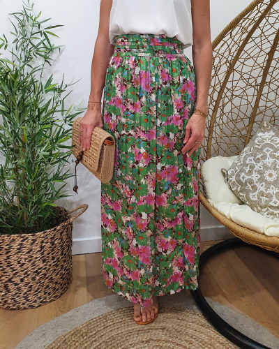 Jupe femme longue verte boutonnée liseré doré