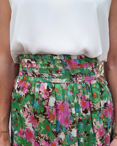 Jupe femme longue verte boutonnée liseré doré